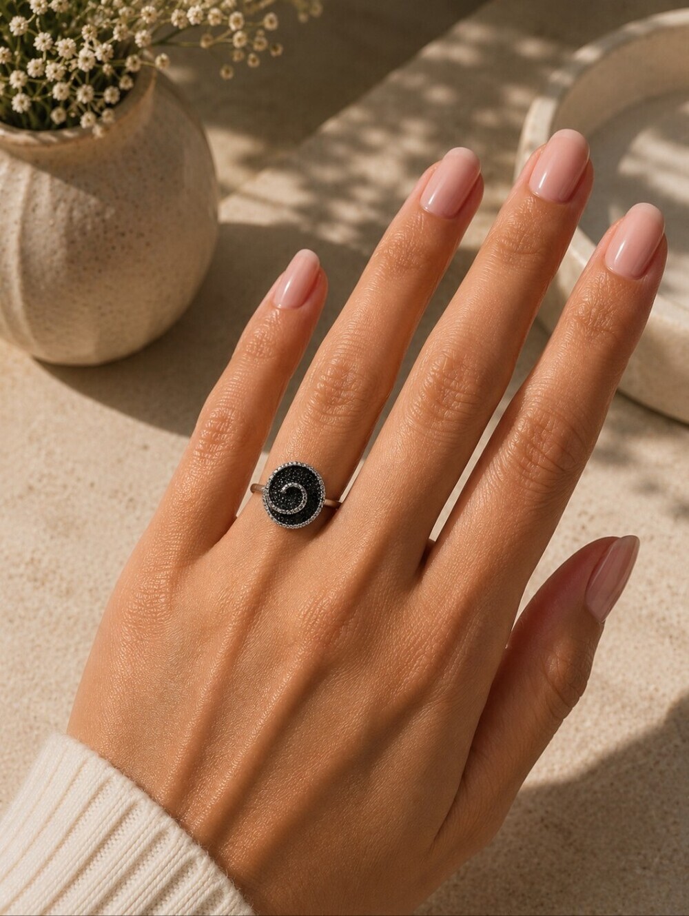 Black Spinel Swirl Ring | Sterling Silver Statement Ring | Size 8